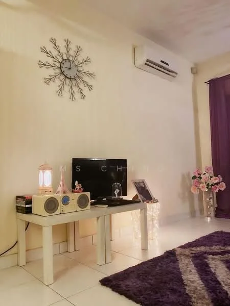 Living features: cream painted walls, white tiled flooring, 5-blade ceiling fan, wall-mounted air conditioning unit, wall clock, TV on console, wooden console table, decorative lamp, framed artwork, area rug with geometric pattern, artificial flowers in vase, purple curtains; style: modern.