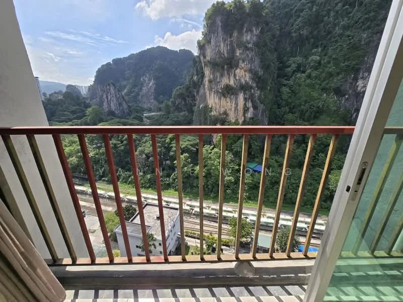 Balcony features: wooden railing, sliding glass door, mountain view, tile flooring, outdoor space; view: mountain.