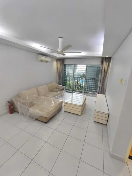 Living features: beige fabric sofa with protective cover, white coffee table, white TV console, floor-to-ceiling windows, sheer curtains, wall-mounted split AC, ceiling fan, white painted walls, tile flooring; style: modern.