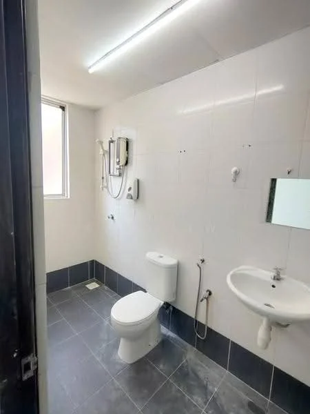 Bathroom features: white tiled walls, grey tiled flooring, one-piece toilet, wall-mounted shower with adjustable head, sink with chrome faucet, framed mirror, window for natural light, shower heater, toilet paper holder, soap dispenser; style: modern.