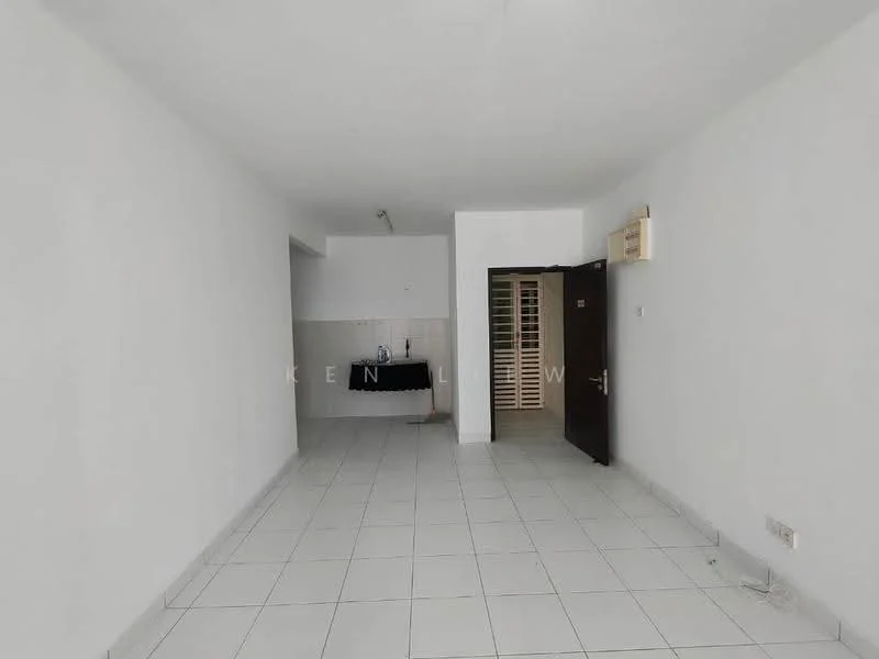 Room features: white painted walls, tile flooring, open layout, kitchen area visible, doorway leading to another room, natural light from windows, no visible furniture, neutral color scheme; style: minimalist.