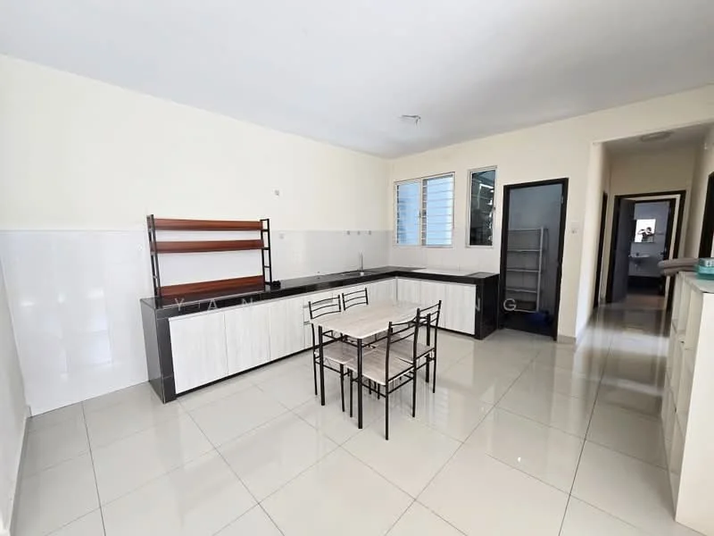 Kitchen features: white laminate cabinetry, black countertop, stainless-steel sink, chrome pull-down faucet, tile backsplash, ceramic tile flooring, dining table with four chairs, open shelving, window with natural light, recessed lighting; style: modern. Room features: doorway leading to hallway, light-colored walls, neutral color scheme.