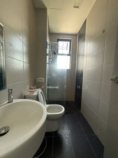 Bathroom features: white round sink, chrome faucet, one-piece toilet, walk-in shower with glass enclosure, grey tile walls, black tile flooring, mirror above sink, window for natural light; style: modern.