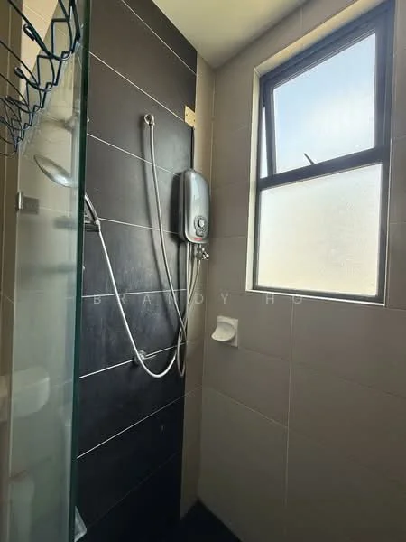 Bathroom features: glass shower enclosure, black tiled walls, white tiled walls, shower head, handheld shower, water heater, window, toilet paper holder; style: modern.