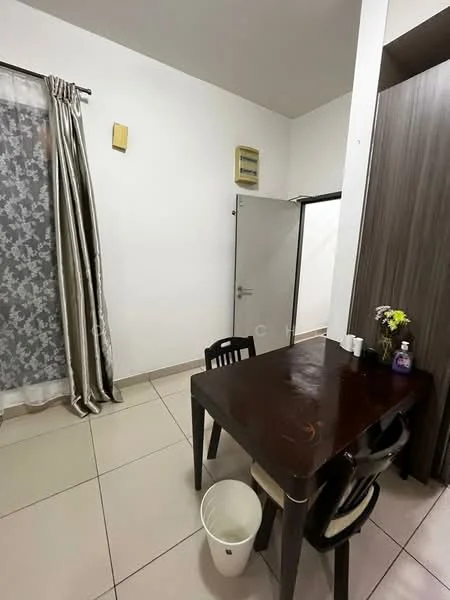 Dining features: square dining table in dark wood, four dining chairs in black, white ceramic vase with flowers, tile flooring, white painted walls, curtains with floral pattern, door leading to another room, wall-mounted light fixture, air conditioning unit on wall; style: modern.