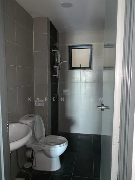Bathroom features: white toilet, single-sink vanity, shower with handheld showerhead, grey tiled walls, black tiled flooring, small window, mirror above sink, wall-mounted faucet; style: modern.