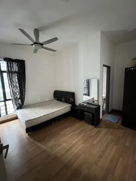 Bedroom features: queen-size bed, wooden flooring, 5-blade ceiling fan, floor-to-ceiling windows, blackout curtains, mirror with frame, wooden dresser, black wardrobe; style: modern; view: city.