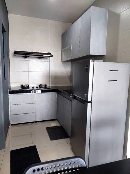 Kitchen features: grey cabinetry, black countertop, stainless-steel fridge, stainless-steel gas stove with two burners, black floor tiles, wall-mounted shelf, sink, black mats on the floor; style: modern.