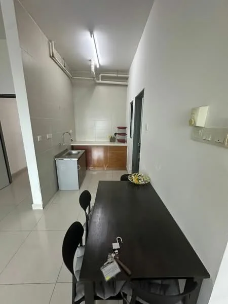 Kitchen features: white tiled walls, grey tiled flooring, single-bowl stainless-steel sink, chrome pull-down faucet, wood cabinetry, built-in countertop, refrigerator, dining table with black chairs, ceiling lights, open layout, wall-mounted shelves; style: modern.