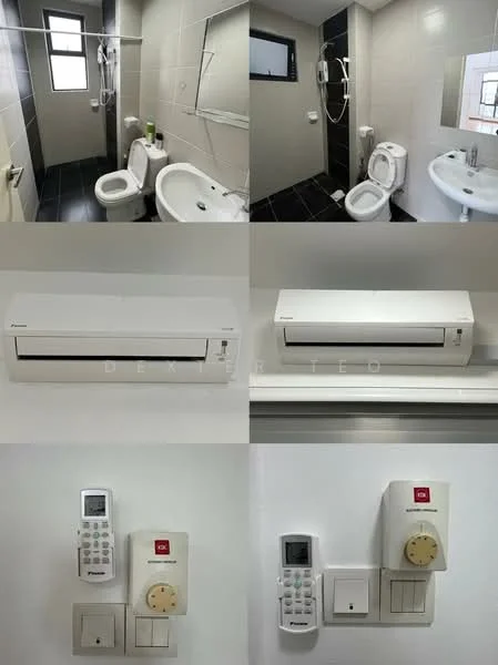Bathroom features: white ceramic toilet, bidet spray, single-sink vanity with white cabinet, chrome basin mixer faucet, framed mirror, walk-in shower with glass enclosure, handheld shower, grey tiled walls, black tiled flooring, wall-mounted split AC, light switch, remote control for AC; style: modern.