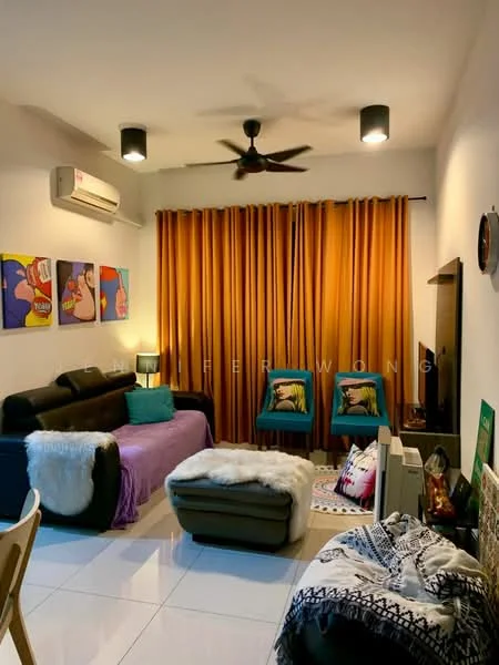 Living features: 3-seater black leather sofa, 2 accent chairs in teal, purple throw blanket on sofa, white faux fur throw, wall-mounted air conditioning unit, recessed downlights, ceiling fan, curtains in mustard yellow, framed artwork on walls, white tiled flooring, decorative wall clock, area rug with geometric pattern; style: modern.