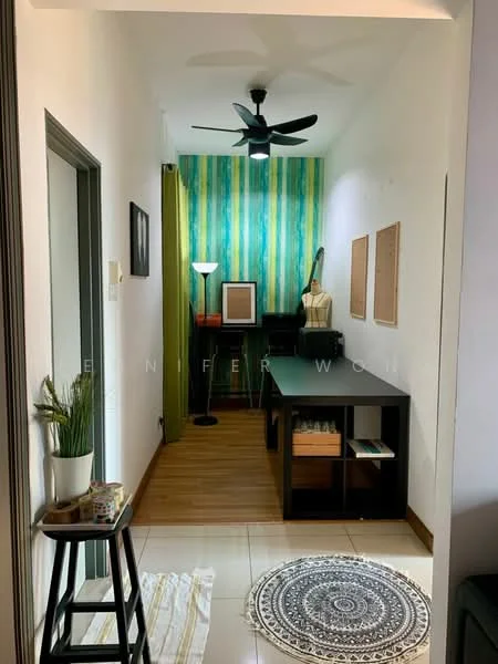 Room features: green and blue striped accent wall, white painted walls, wood laminate flooring, ceiling fan, floor lamp, desk with storage, decorative mannequin, framed artwork, area rug with circular pattern, potted plant, open shelving, curtain, light source from ceiling; style: modern.