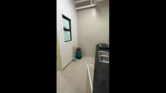 Kitchen features: white painted walls, grey tiled flooring, stainless-steel sink, built-in gas hob, window with black frame, green gas cylinder, countertop with dark surface, wall-mounted shelving; style: modern.
