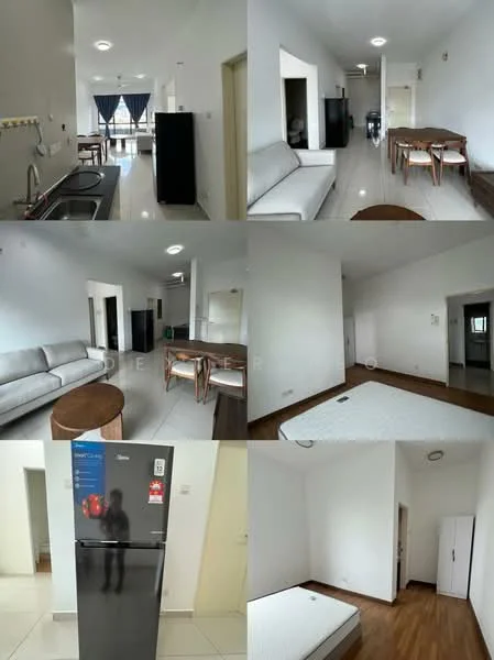 Kitchen features: single-bowl stainless-steel sink, chrome pull-down faucet, black cabinetry, white tiled backsplash, stainless-steel fridge, built-in oven, 4-burner gas hob, countertop with space for appliances; style: modern. Living features: 3-seater fabric sofa in grey, wooden coffee table, dining table with 4 chairs, floor-to-ceiling windows, white walls, recessed downlights, TV console, area rug; style: modern. Bedroom features: queen-size bed, wooden flooring, built-in wardrobe, window with natural light, white walls; style: modern. Room features: white painted walls, tile flooring, ceiling light.