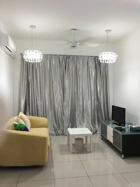 Living features: yellow fabric sofa, white coffee table, TV console with storage, wall-mounted TV, 2 pendant lights, 5-blade ceiling fan, grey curtains, glossy tile flooring, air conditioning unit; style: modern.