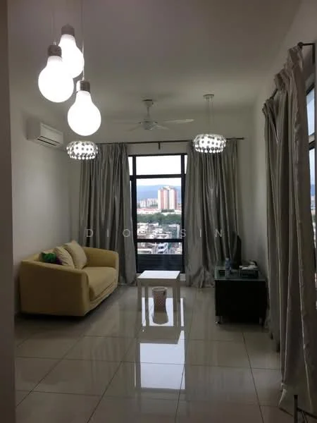 Living features: yellow fabric sofa, glass coffee table, white tiled flooring, floor-to-ceiling windows, sheer curtains, blackout curtains, 2 ceiling fans, 3 pendant lights, air conditioning unit, decorative wall art; style: modern; view: city.