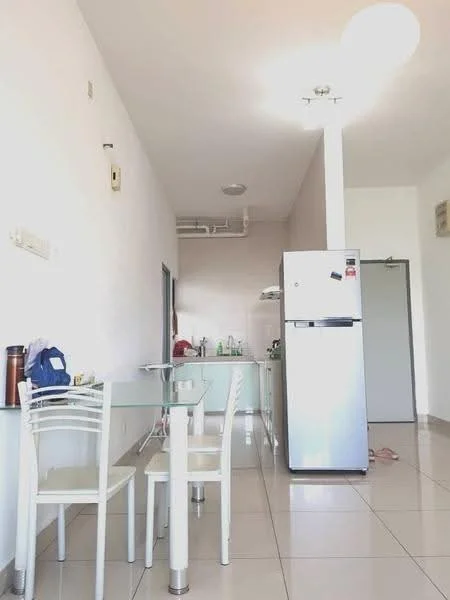 Kitchen features: white painted walls, glossy tile flooring, stainless-steel fridge, glass dining table, 4 white chairs, kitchen cabinets, sink, ceiling light fixture, exposed ductwork, countertop, kitchen utensils visible; style: modern.