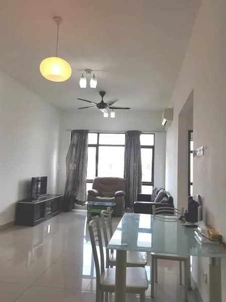 Living features: white painted walls, glossy tile flooring, 5-blade ceiling fan with light, pendant light, floor-to-ceiling windows, sheer curtains, blackout curtains, TV console, wall-mounted TV, 2-seater fabric sofa in grey, armchair in beige, glass dining table with white chairs; style: modern.