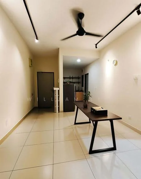 Room features: cream painted walls, tile flooring, 5-blade ceiling fan with light, recessed LED downlights, wall-mounted air conditioning unit, open shelving, wooden table, door leading to another room; style: modern.