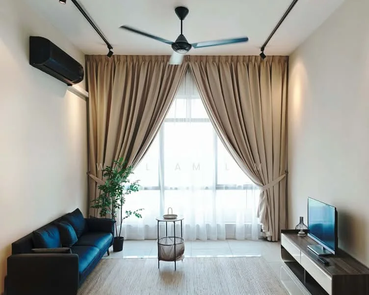 Living features: 3-seater fabric sofa in navy blue, coffee table, wall-mounted TV, TV console, floor-to-ceiling windows, sheer curtains, heavy drapes, ceiling fan with light, wall-mounted split AC, decorative plant in pot, area rug, light-colored walls, tile flooring; style: modern; view: city.