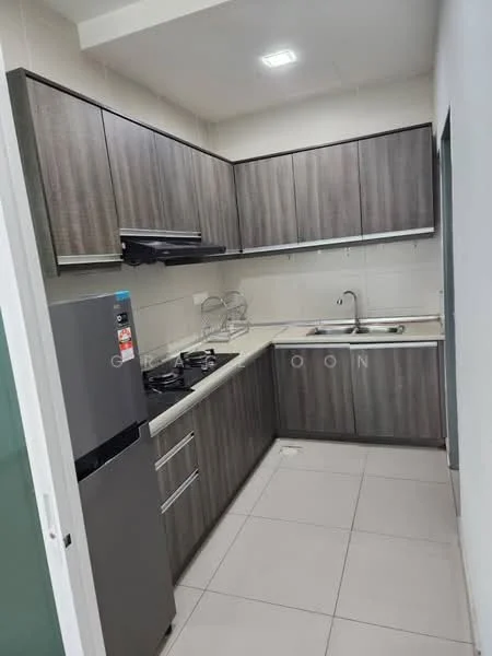Kitchen features: dark wood cabinetry, white countertop, stainless-steel sink, chrome pull-down faucet, 4-burner gas hob, built-in oven, stainless-steel fridge, ceramic tile flooring, recessed downlights, wall-mounted range hood; style: modern.