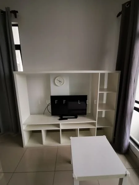 Living features: white shelving unit, black television, round wall clock, light grey curtains, cream tiled flooring, white coffee table, large windows, neutral wall color; style: modern.