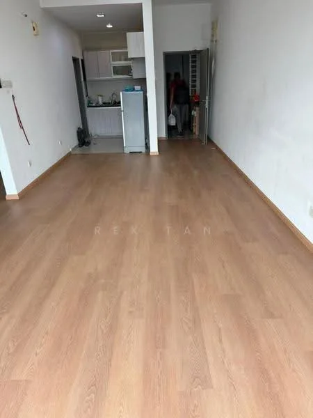 Room features: laminate flooring, white painted walls, recessed downlights, open layout, kitchen area visible, doorway leading to another room, neutral color scheme, no visible furniture; style: modern.