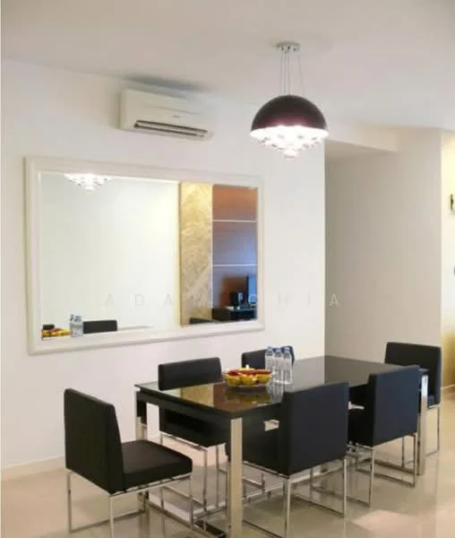 Dining features: black rectangular dining table, 6 black upholstered dining chairs, chrome legs on table, pendant light fixture with multiple bulbs, wall-mounted split AC unit, large framed mirror on wall, white painted walls, cream tile flooring; style: modern.