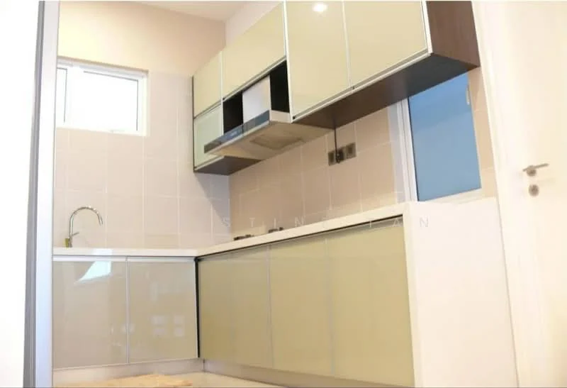 Kitchen features: single-bowl stainless-steel sink, chrome pull-down faucet, light beige cabinetry with glossy finish, white tiled backsplash, built-in oven, stainless-steel range hood, countertop with integrated sink, floor-to-ceiling window, recessed downlights, light-colored flooring; style: modern.