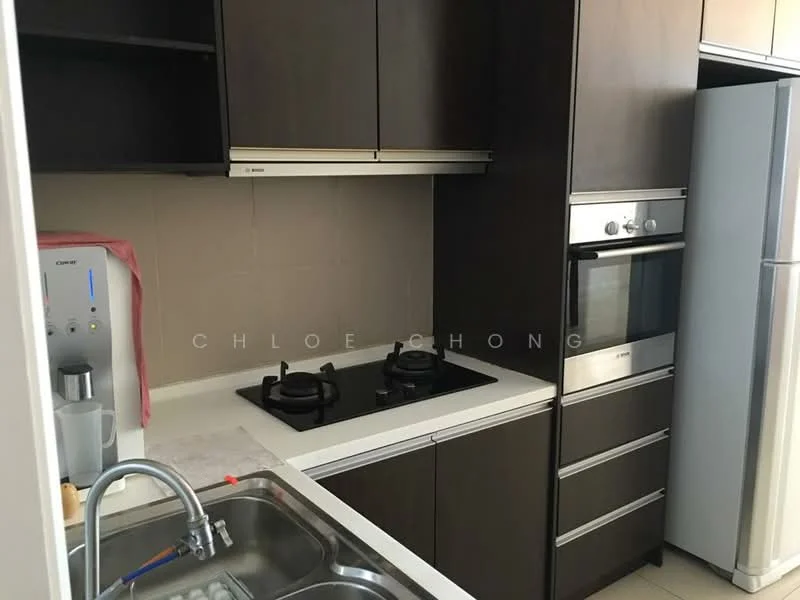 Kitchen features: dark wood cabinetry, white countertop, built-in oven, stainless-steel gas hob with 2 burners, kitchen sink with chrome faucet, water dispenser, ceramic tile flooring, wall-mounted cabinets, refrigerator, neutral wall color; style: modern.