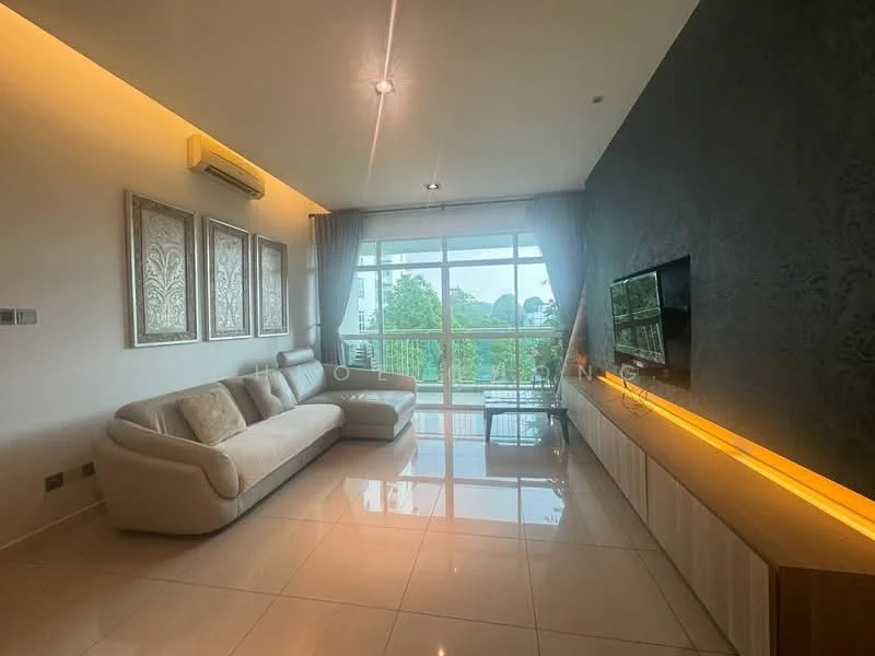 Living features: 3-seater leather sofa in cream, wall-mounted TV, TV console with wood finish, floor-to-ceiling windows, curtains, recessed lighting, air conditioning unit, glossy tile flooring, decorative wall with textured finish, light wood accent wall; style: modern; view: garden.