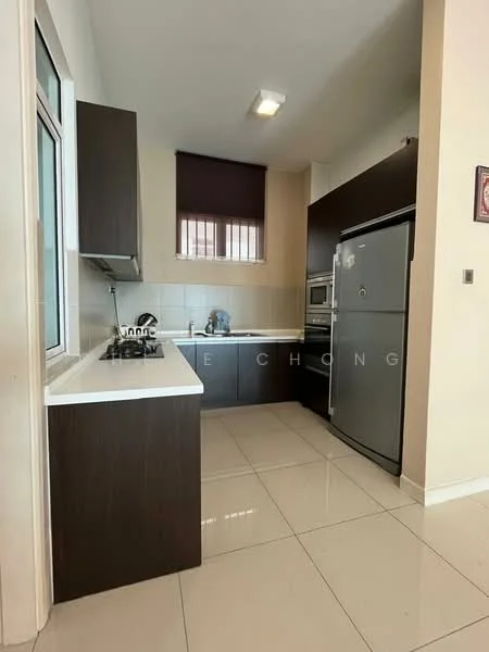 Kitchen features: dark wood cabinetry, white countertop, stainless-steel sink, chrome pull-down faucet, built-in oven, freestanding range oven, stainless-steel fridge, ceramic tile flooring, wall-mounted cabinets, window with blinds, recessed downlights; style: modern.