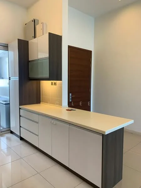 Kitchen features: white laminate cabinetry, dark wood cabinetry, white countertop, built-in refrigerator, glass-front upper cabinets, stainless-steel sink, chrome faucet, tile backsplash, recessed lighting, white tiled flooring, wall-mounted cabinets, drawer storage; style: modern.