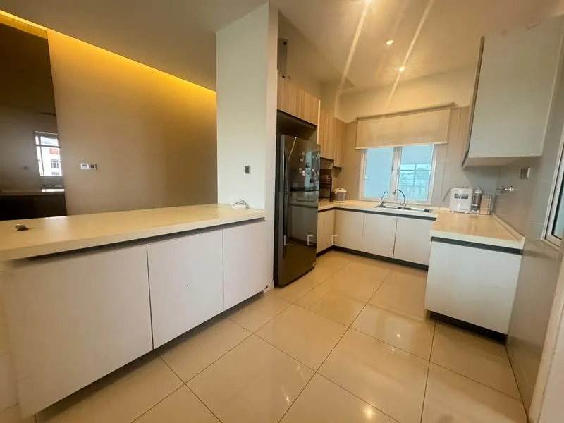 Kitchen features: white cabinetry with flat-panel doors, light-colored countertop, stainless-steel fridge, built-in oven, single-bowl stainless-steel sink, chrome pull-down faucet, ceramic tile flooring, window with natural light, recessed downlights, neutral wall color, open layout to living area; style: modern.
