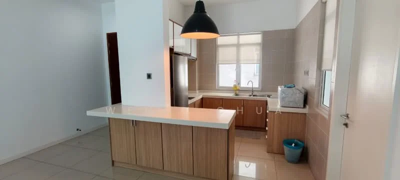Kitchen features: white painted walls, light grey tiled backsplash, laminate cabinetry in wood finish, white countertop, stainless-steel sink, chrome pull-down faucet, built-in oven, freestanding range oven, pendant light fixture, floor tiles in cream, window with natural light, open layout with island; style: modern.
