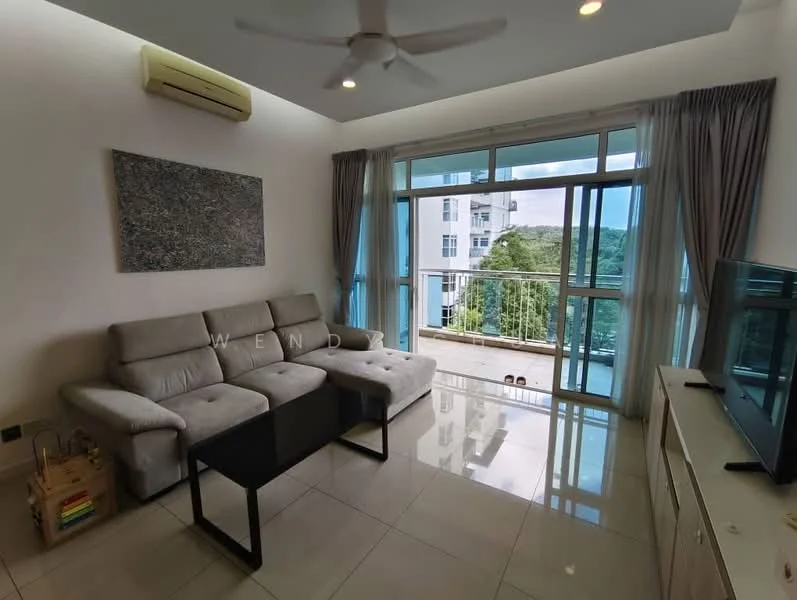Living features: 3-seater fabric sofa in light grey, black coffee table, floor-to-ceiling windows, sliding glass door, curtains, wall-mounted TV, light-colored walls, tile flooring, ceiling fan, air conditioning unit; style: modern; view: garden.