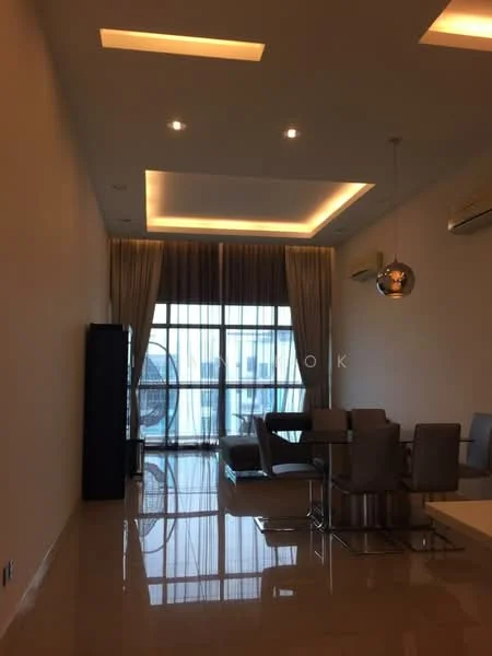 Living features: white painted walls, polished marble flooring, tray ceiling with recessed lighting, floor-to-ceiling windows, sheer curtains, 2 wall-mounted split ACs, round pendant light, dining table with grey upholstered chairs, black cabinet, open layout; style: modern; view: city.