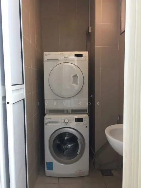 Laundry features: front-load washing machine, front-load dryer, white appliances, tile flooring, grey tiled walls, sink, plumbing fixtures, wall-mounted faucet.