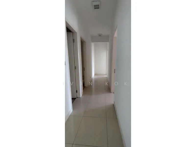 Hallway features: white painted walls, tile flooring, recessed downlights, multiple doorways, narrow corridor layout; style: modern.