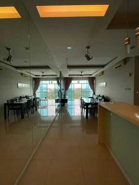Dining features: large mirror wall, floor-to-ceiling windows, curtains, dining table with chairs, recessed ceiling lights, polished tile flooring, air conditioning unit, open layout, view of outdoor space; style: modern; view: garden.