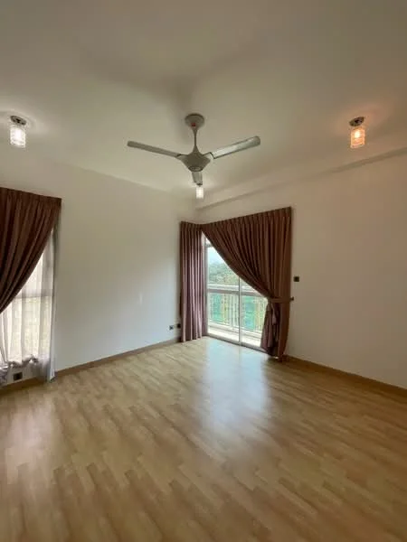 Room features: laminate flooring, white painted walls, 5-blade ceiling fan with light, two sheer curtains, two pendant lights, floor-to-ceiling windows, balcony door, view of greenery; style: modern; view: garden.