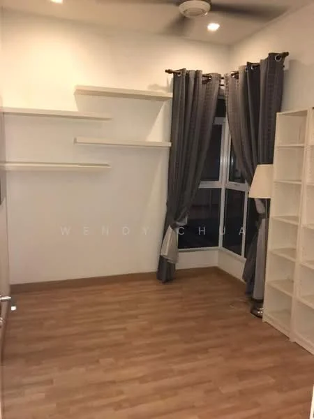 Room features: laminate flooring, white painted walls, ceiling fan, floor-to-ceiling windows, grey curtains, open shelving, white bookshelf, lamp; style: modern.