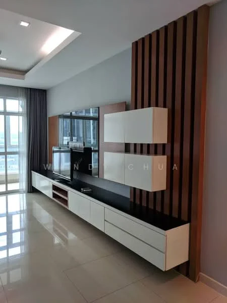 Living features: white painted walls, wood panel accent wall, glossy tile flooring, floor-to-ceiling windows, sheer curtains, built-in TV console, floating shelves, black countertop, wood cabinetry, recessed downlights, ceiling with integrated lighting; style: modern; view: city.