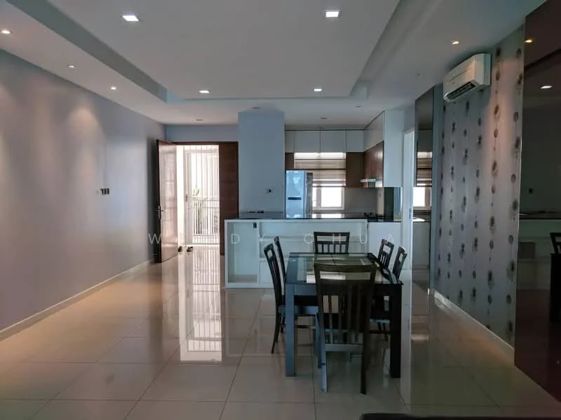 Dining features: dining table with four chairs, white walls, recessed downlights, tile flooring, open layout to kitchen, large window with sheer curtains, air conditioning unit, decorative wall with patterned wallpaper; style: modern. Kitchen features: white cabinetry, stainless-steel fridge, built-in oven, ceramic cooktop, countertop with breakfast bar, tile backsplash, sink with faucet, window above sink; style: modern. Living features: tile flooring, recessed downlights, large window with sheer curtains, open layout to dining area, air conditioning unit; style: modern.