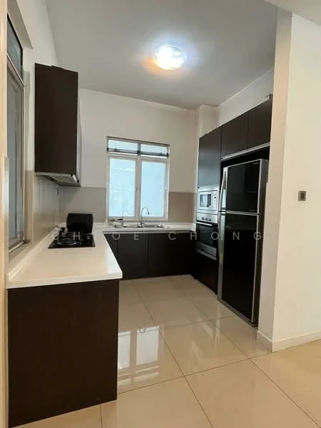 Kitchen features: brown cabinetry, white countertop, stainless-steel fridge, built-in oven, ceramic tile flooring, single-bowl stainless-steel sink, chrome pull-down faucet, window with view, recessed ceiling light, wall-mounted cabinets; style: modern.