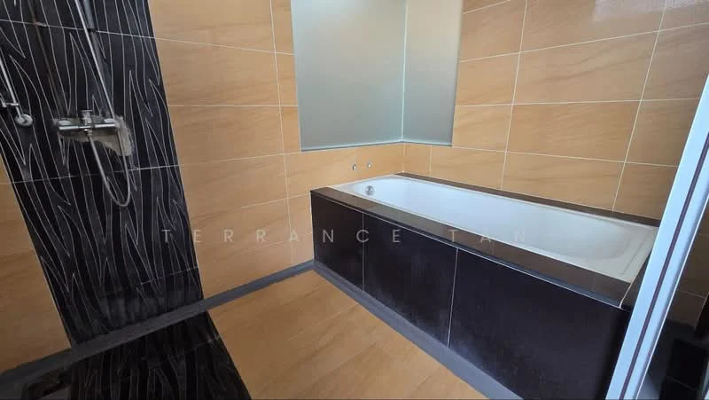 Bathroom features: bathtub with chrome faucet, shower with wall-mounted faucet, tile cladding on walls, light brown tile flooring, dark accent wall with vertical pattern, mirror above bathtub, glass shower enclosure, recessed lighting; style: modern.