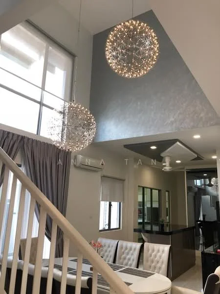 Dining features: round dining table, upholstered dining chairs, chandelier with decorative lights, large windows with sheer curtains, grey accent wall, recessed downlights, ceiling fan, open layout to kitchen, wooden staircase, decorative wall art; style: modern.