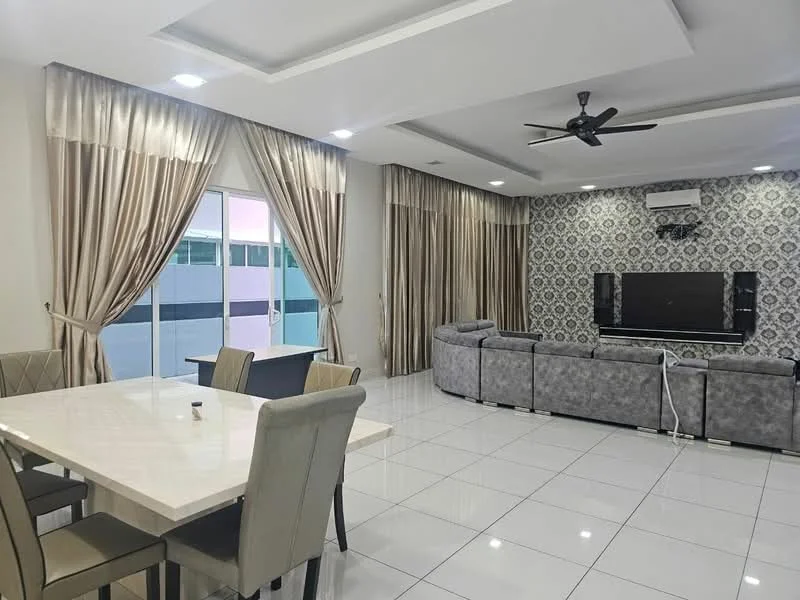 Living features: grey sectional sofa, wall-mounted TV, decorative feature wall with patterned wallpaper, recessed ceiling with tray design, ceiling fan, large sliding glass door, curtains in beige, white tiled flooring, LED ceiling lights; style: modern. Dining features: 6-seater dining table with white top, upholstered dining chairs in grey, decorative centerpiece on table; style: modern.