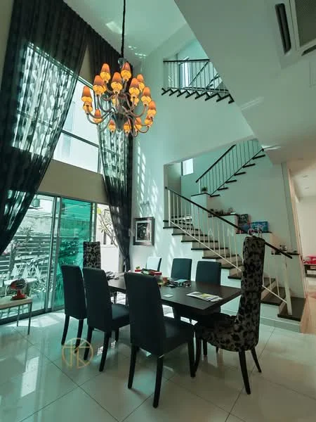 Dining features: 6-seater dining table, upholstered dining chairs, chandelier with multiple bulbs, floor-to-ceiling windows, sheer curtains, blackout curtains, white painted walls, polished tile flooring, staircase visible in background, decorative wall art; style: modern; view: garden.