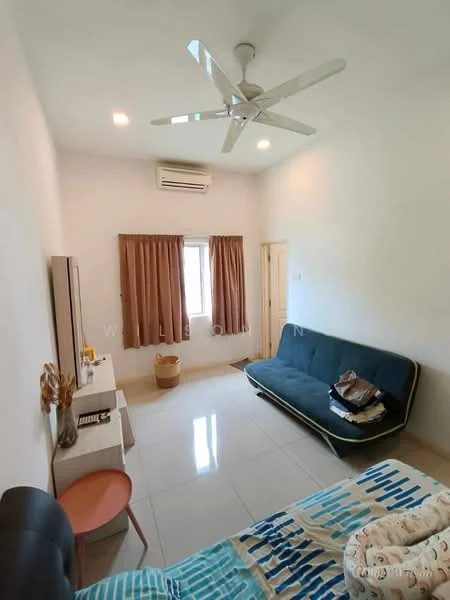Bedroom features: white painted walls, ceiling fan, recessed downlights, window with sheer curtains, sliding door, tile flooring, sofa bed in dark blue, small round table in pink, dressing table, basket, decorative items on dressing table; style: modern.